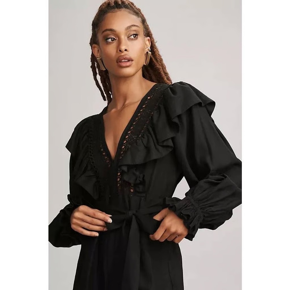 FARM RIO BLACK LACES & RUFFLES JUMPSUIT